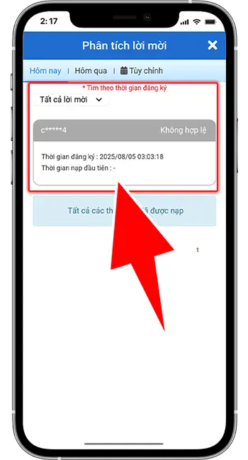 Bước 4: Hiển thị thông tin các tài khoản đăng ký dưới link giới thiệu của bạn.